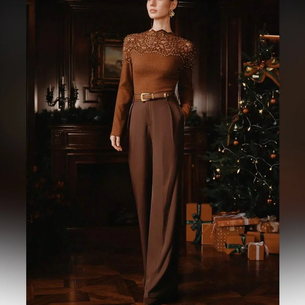 Elegant Brown Lace Top with Gold Accents
